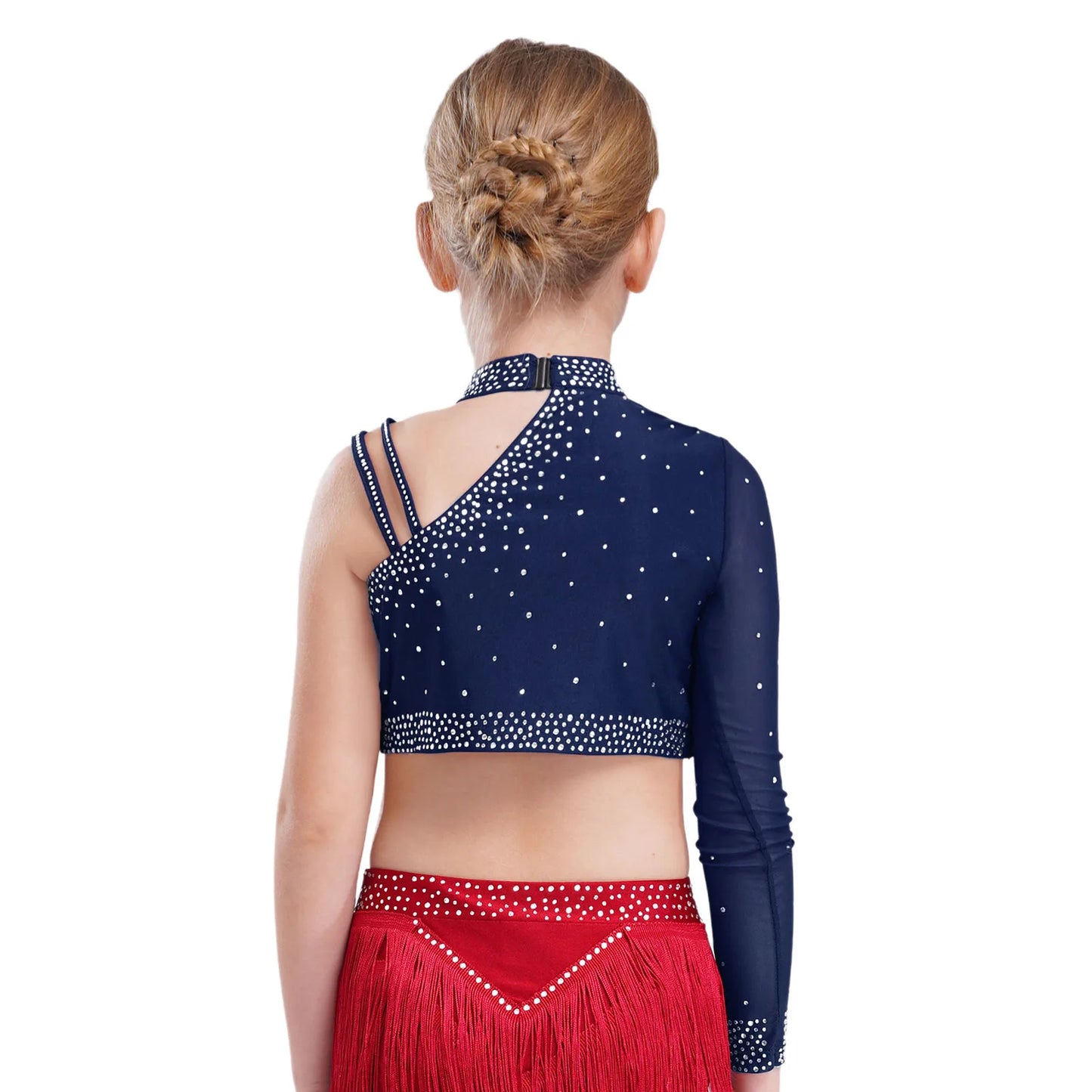 Girls Lyrical Dance Set Rhinestones Tops One Shoulder Crop Top with Side Slit Irregular Mesh Skirt Modern Contemporary Dancewear
