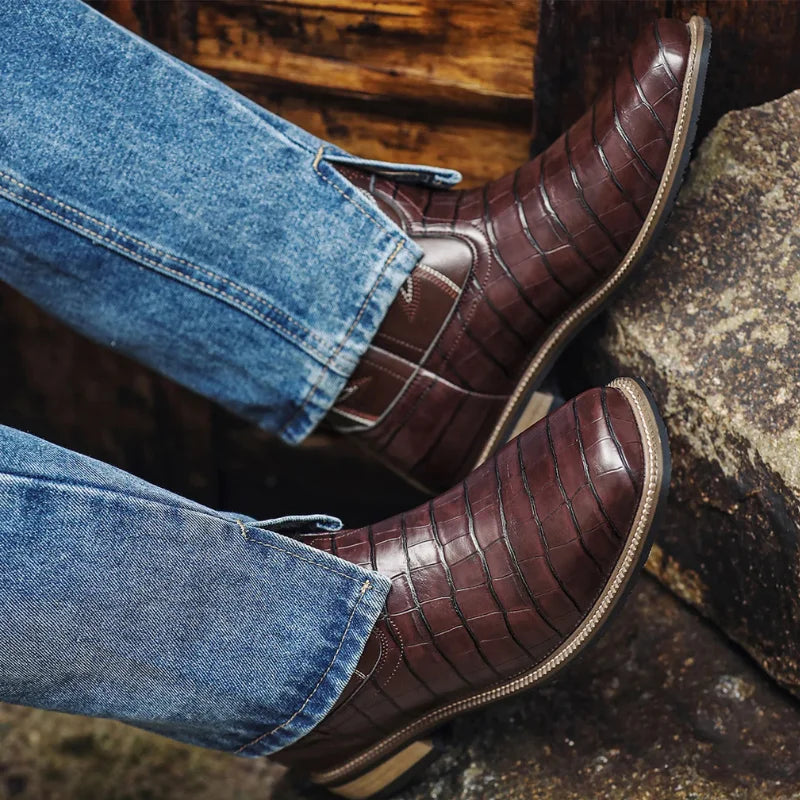 Men Boots Mid Calf Western Cowboy Motorcycle Boots Male Autumn Outdoor PU Leather Totem Med-Calf Boots Retro Designed Men Shoes