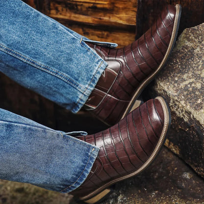 Men Boots Mid Calf Western Cowboy Motorcycle Boots Male Autumn Outdoor PU Leather Totem Med-Calf Boots Retro Designed Men Shoes