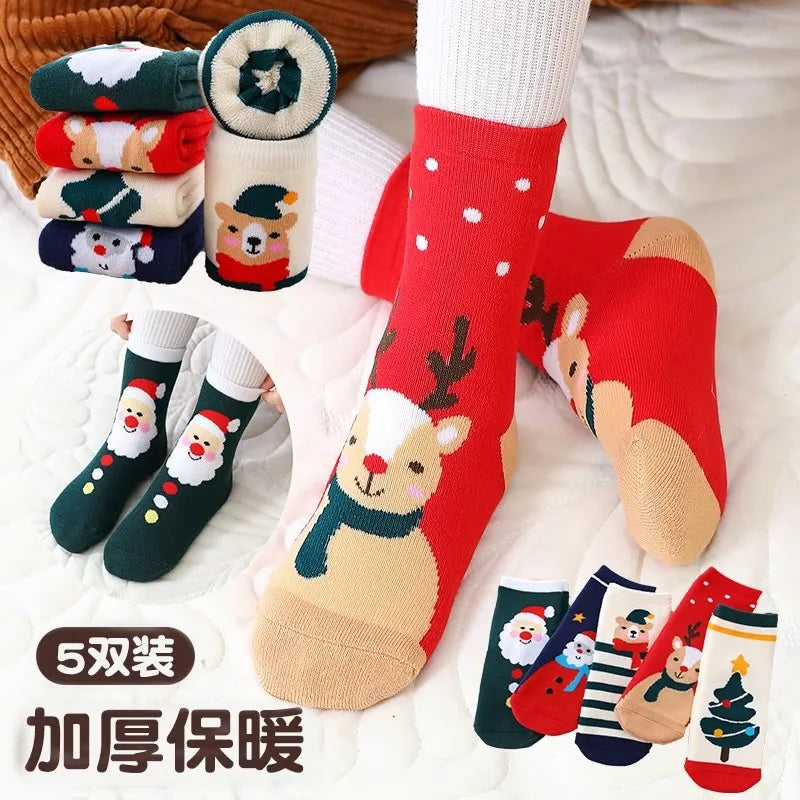 5 pairs of thick socks for girls in winter, medium to large-sized long tube looped socks with fleece added