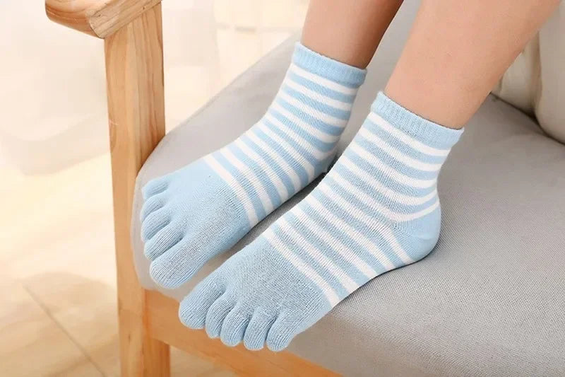 Children Kids Socks Multicolor Striped Cotton Five-finger for 4-12Y Boys Girls Casual Sports Breathable Five-toe Clothes Stuff
