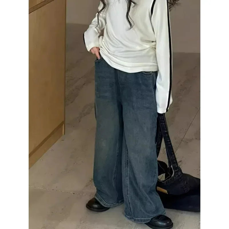 Girls' Pants 2024 Autumn New Middle-aged and Older Children's Loose Casual Wide-leg Pants Trousers Children's Straight Jeans