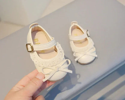Girls Walking Shoes Sweet Lace Simple Bows 2025 New Baby Princess Shoes Round Toes Kids Leather Shoes Non-slip Soft Sole Flats