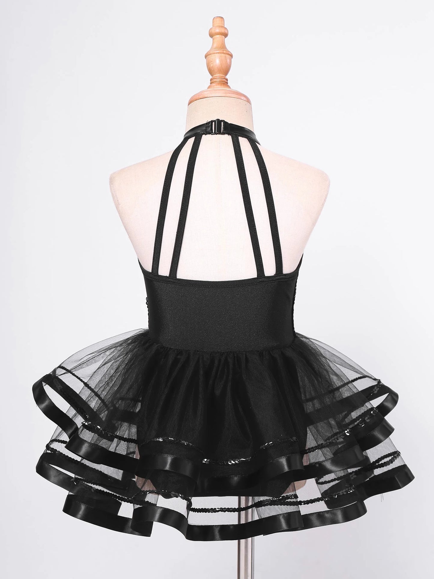 Girls Teens Shiny Sequin Tulle Dress for Ballet Latin Jazz Lyrical Dance Dresses Sleeveless Halter Neck Leotards Tutu Dress