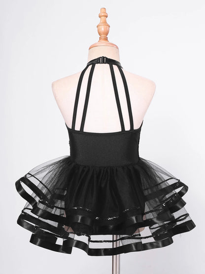 Girls Teens Shiny Sequin Tulle Dress for Ballet Latin Jazz Lyrical Dance Dresses Sleeveless Halter Neck Leotards Tutu Dress