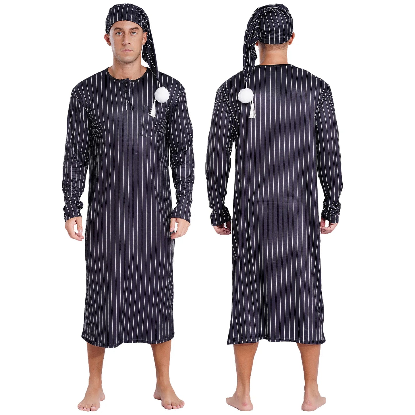 Men Sissy Sleep Robe Nightwear Long Sleeve Striped Night Dress with Adjustable Hat Nightdress Muslim Pajamas Sleepwear Homewear