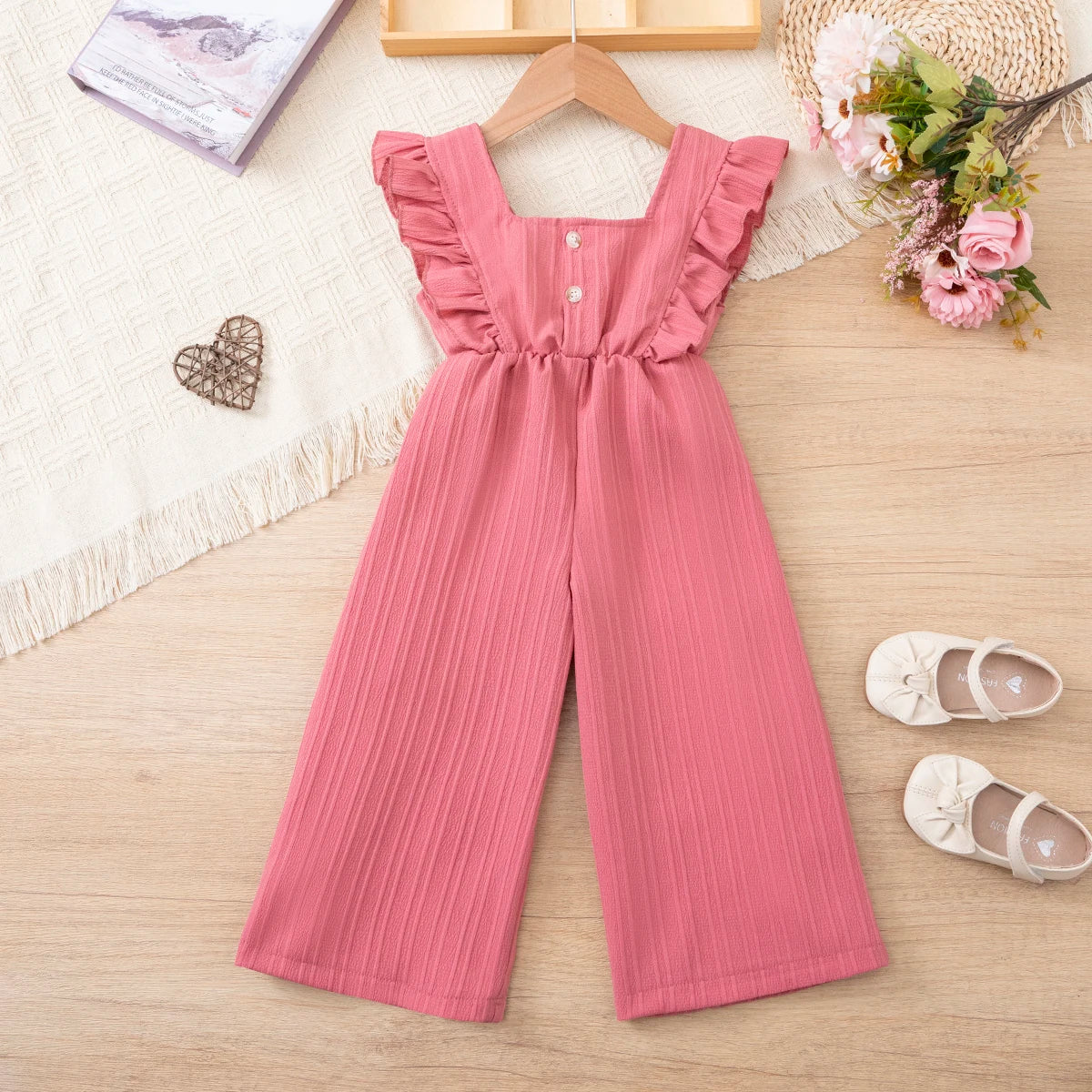 Girls' Summer Overall Pants /, Shoulder Pleated Side Bow Front, Loose Wide Leg, Casual Daily Playwear, 1-6 Years