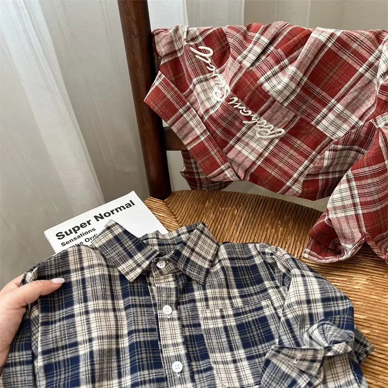 Children Shirts 2024 Autumn New Style Boys and Girls Embroidered Plaid Shirts Baby Versatile Shirts Fashion Jacket