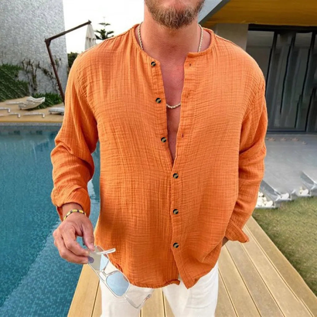 2026 Men's Shirts Spring Summer New Beachwear Button-up Stand Collar Casual Shirts Solid Breathable Long Sleeve Hawaiian Blouses