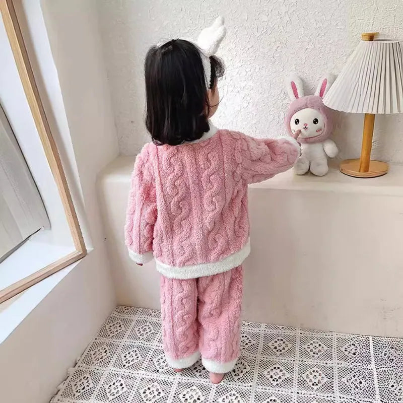 Girls Pajamas Set Autumn and Winter Flannel Children's and Girls' Fleece Thickened Warm Coral Fleece Loungewear Pajama Set