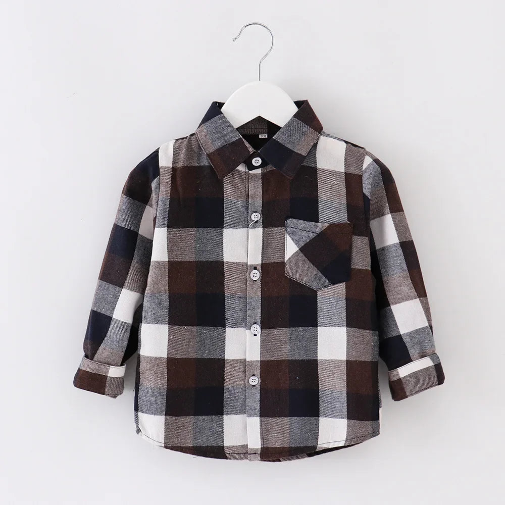 Shirts for Boys Spring Autumn Fashion Casual Plaid Blouse School Boys Clothes Long Sleeve Brushed Shirt Teen Children Clothes