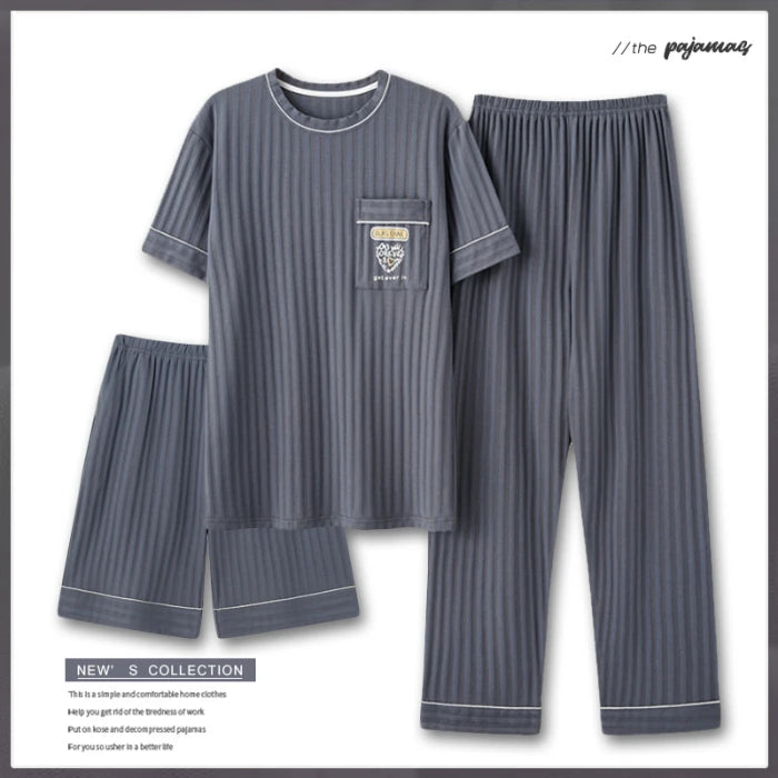 Men's Fashion Summer 3-Piece Pajamas Set Short Sleeve round Collar Cotton Homewear plus Size 5XL Shorts Loungewear Pijamas