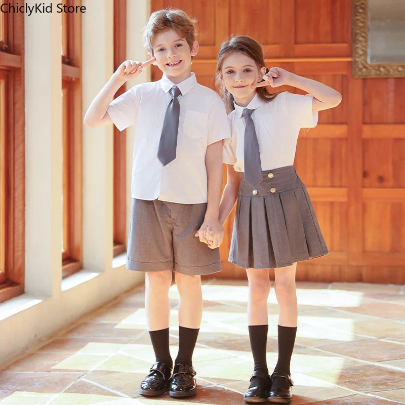Girls Short Sleeve Blouse Skirt Boys British Shirt Shorts Children Kindergarten Students Summer Clothes Sets Kids School Uniform