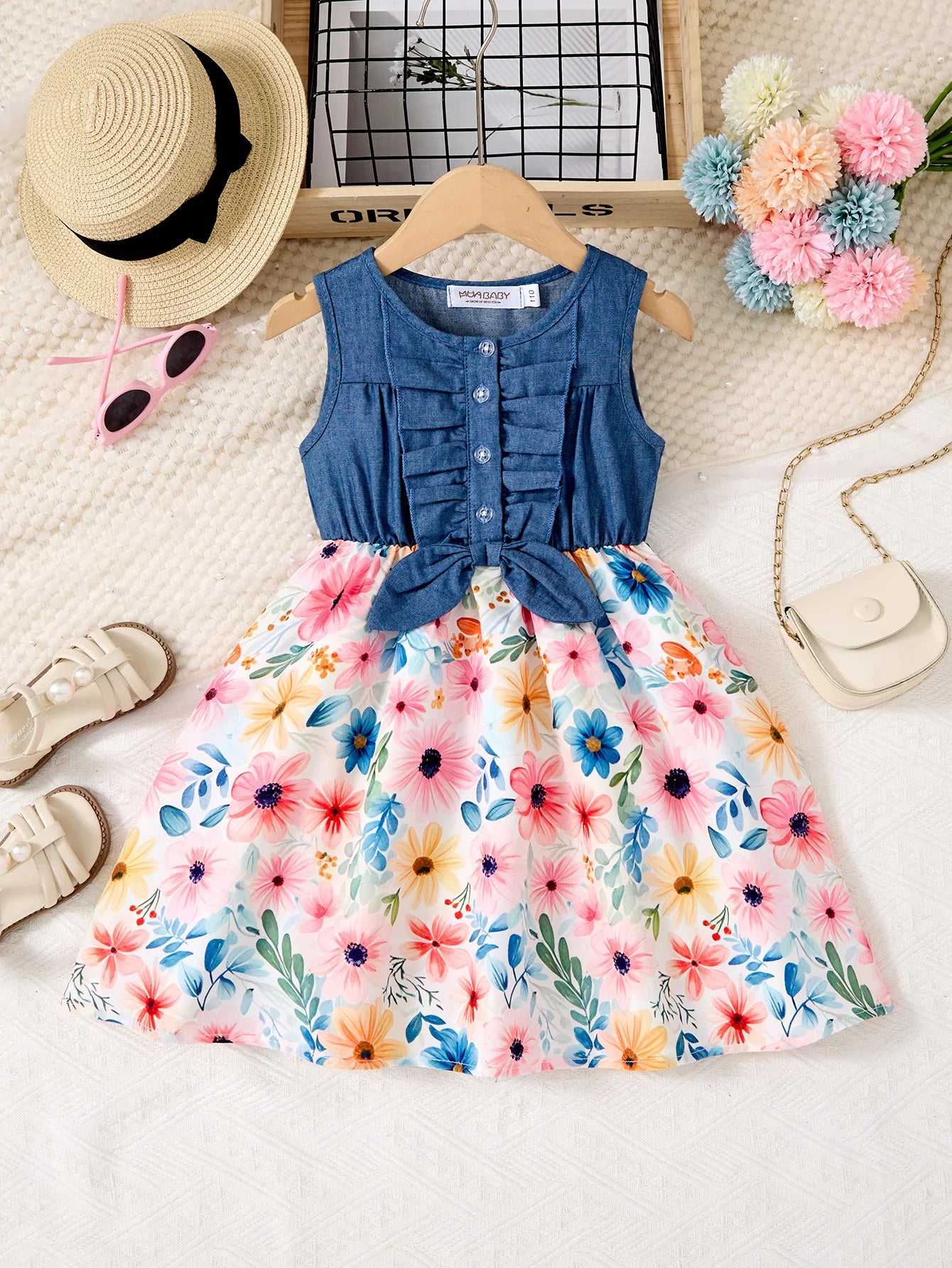 Girls Casual Dresses Denim Print Button Bow Ruffled sleeves Floral Tulle Cute Princess Formal Dresses Children Casual Dresses