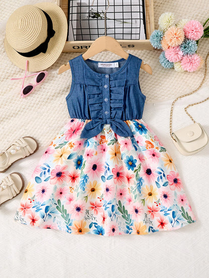 Girls Casual Dresses Denim Print Button Bow Ruffled sleeves Floral Tulle Cute Princess Formal Dresses Children Casual Dresses
