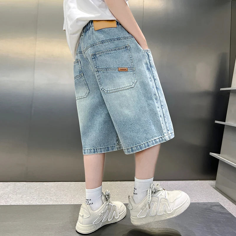 Boys Denim Shorts Teen Boys Casual Knee-Length Jeans Teenage Child Blue Denim With Y2K Fashion Style Trousers Toddler Ages 4-14Y