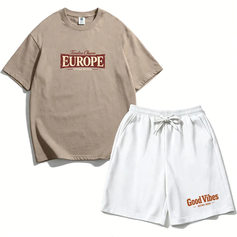 Teen Girls Clothing Set Summer Cotton Short Sleeve Top Shorts 2PCS Casual Europe Graphic Tee Distressed Print Clothes Set EU1