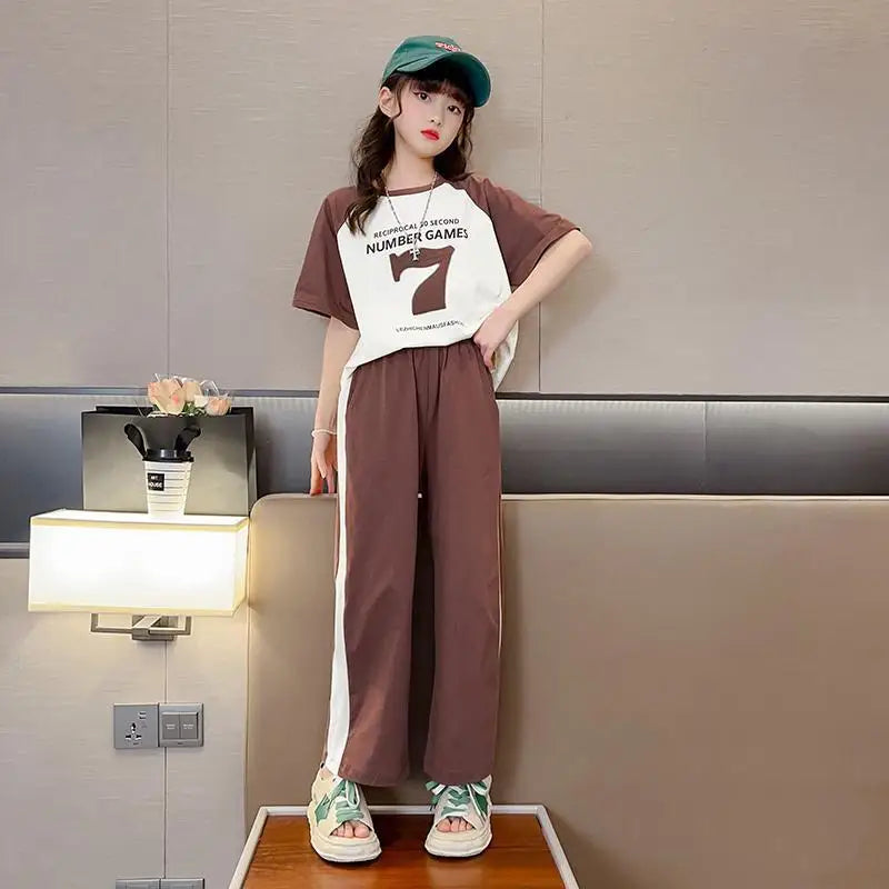 Girls 2023 Summer New Fashion Trendy Short Sleeve Suits 4 6 8 10 12 14 Years Youth Teenage Girls Korean Style 2Pcs Tees Clothes
