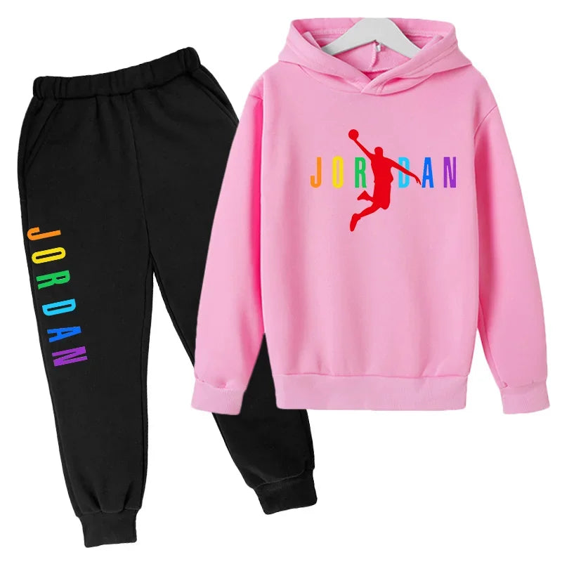 Children Sports Coat 3-13 Years Hoodie Basketball Letter Print Boys Sweatshirt Girls Toddler Top + Trousers 2P Stylish Casual Se