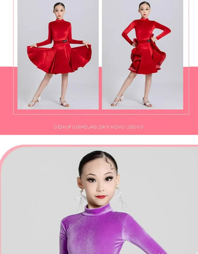 Girls' Latin Dance Dress Autumn/Winter Long Sleeve Professional Practice Dress Velvet Split Set Dance Performance Dress