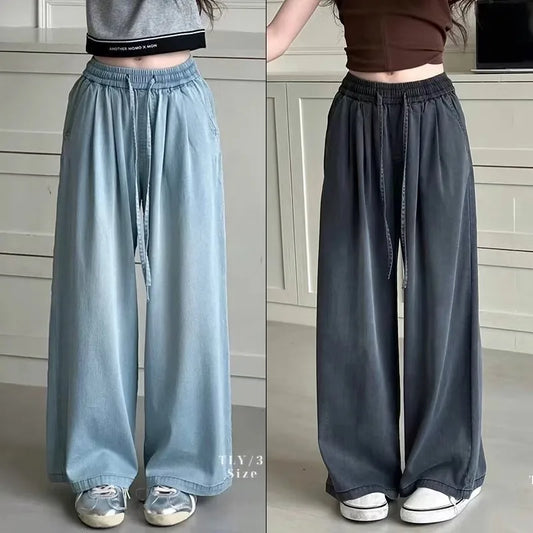 Girls Wide Leg Cotton Jeans Summer Thin Loose Pants Big Kids Comfortable Trendy Outfit