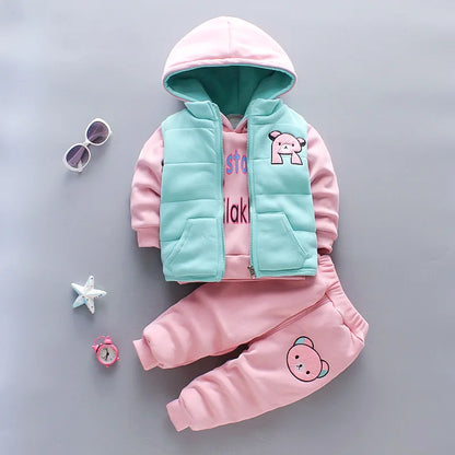 Baby Boy Clothes 2023 Autumn Cotton Thick Warm Casual Hooded Sweater Winter Cartoon Cute Bear Three-Piece Baby Girl Suit 0-5Y