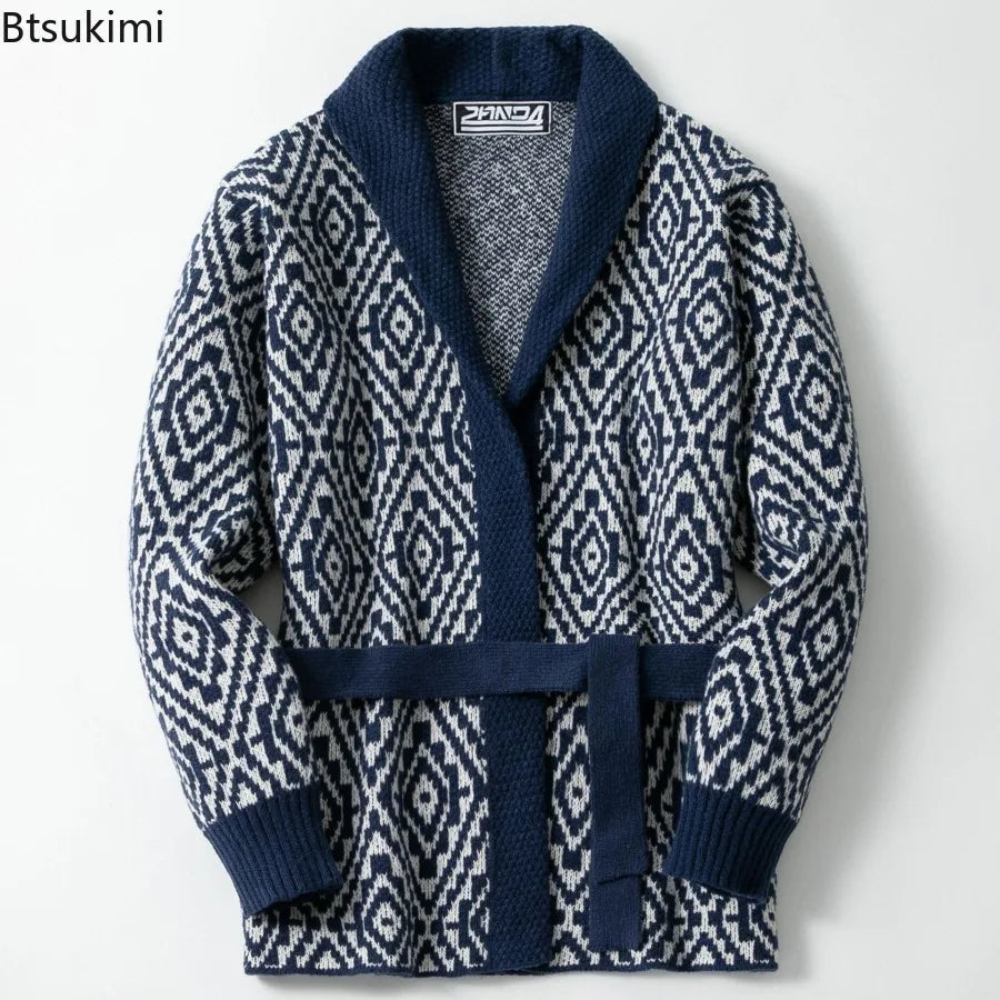 Men Sweaters Vintage Striped Thicken Knitted Buttons Lace-up Cardigan Sweaters Fashion Jacquard Mid-length Sweater Coats for Men