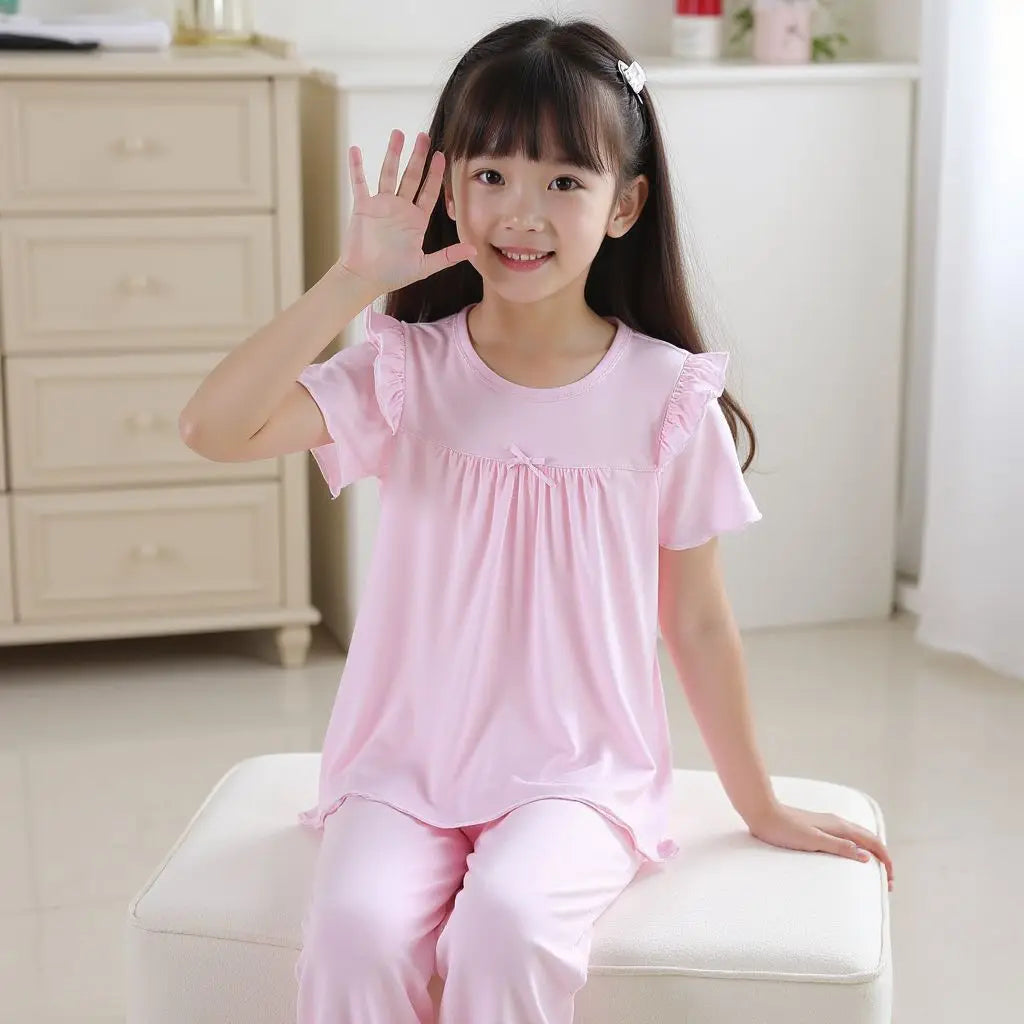 Girls' Short Sleeved Pajamas Home Clothes Set Modal Spring and Summer Thin Edition Children's Air Conditioning Lace Princess