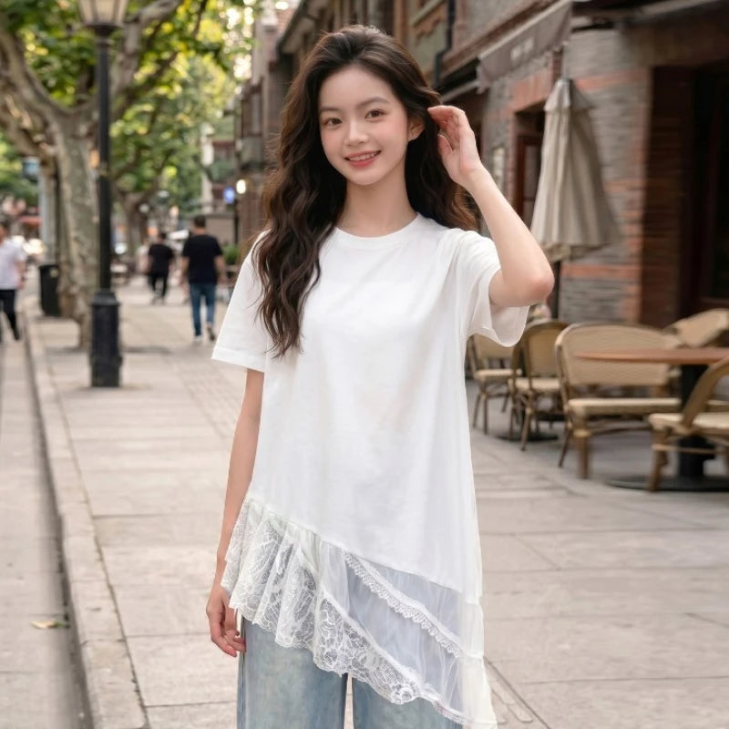 Girls T Shirt Summer 2026 Irregular Hem Lace Patchwork White Short Sleeve Tops Children Clothes Loose Minimalist Comfortable