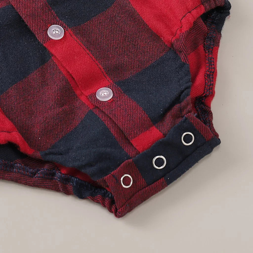 0-12 Months Newborn Baby Boys Bodysuit Plaid Long Sleeve Turn Down Collar Shirt Romper Spring&Autumn Gentleman Casual Clothes