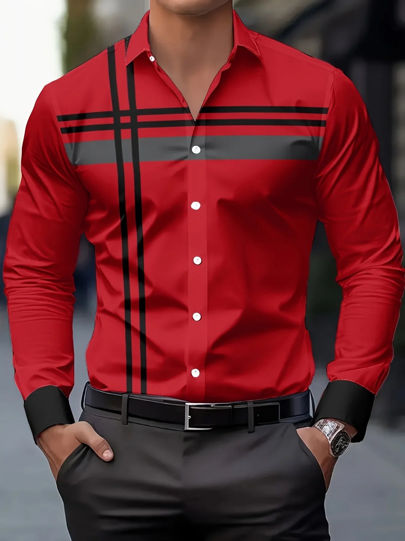 Men's Casual Dress Shirt with Modern Striped Design Regular Fit Long Sleeve Button-Up, Machine Washable for Spring Fall Office