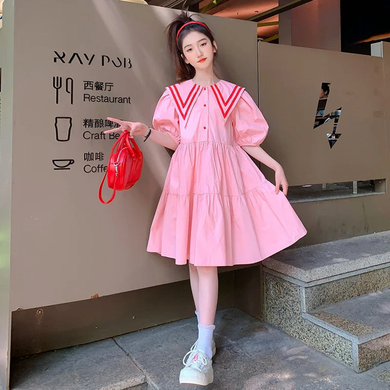 Teens Girls Summer Dress Children Casual Sweet Turn-down Collar Gown Kids Pink Short Sleeves Vestidos New Princess Loose Dresses