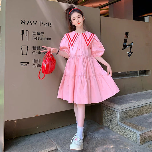 Teens Girls Summer Dress Children Casual Sweet Turn-down Collar Gown Kids Pink Short Sleeves Vestidos New Princess Loose Dresses