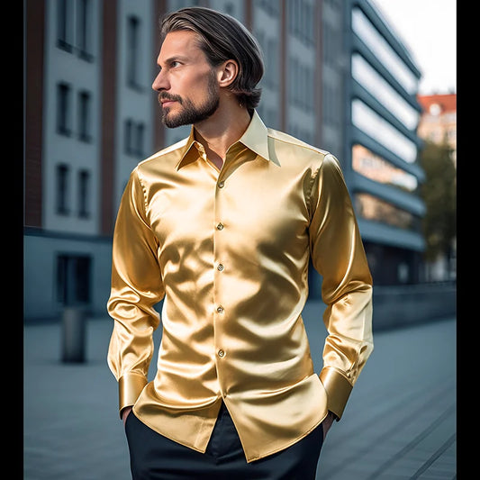 Men Satin Shirts Brand New Mens Dress Luxury Shirts Long Sleeve Casual Social Male Clothes Chemise Homme Shirt S40