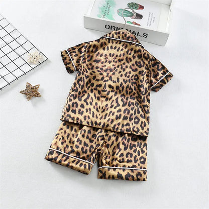 Boys Girls Kids Pajama Sets Cartoon Leopard print Short Sleeve T-Shirt Tops Pants Toddler Baby Sleeping Cloth Pijamas Sleepwear