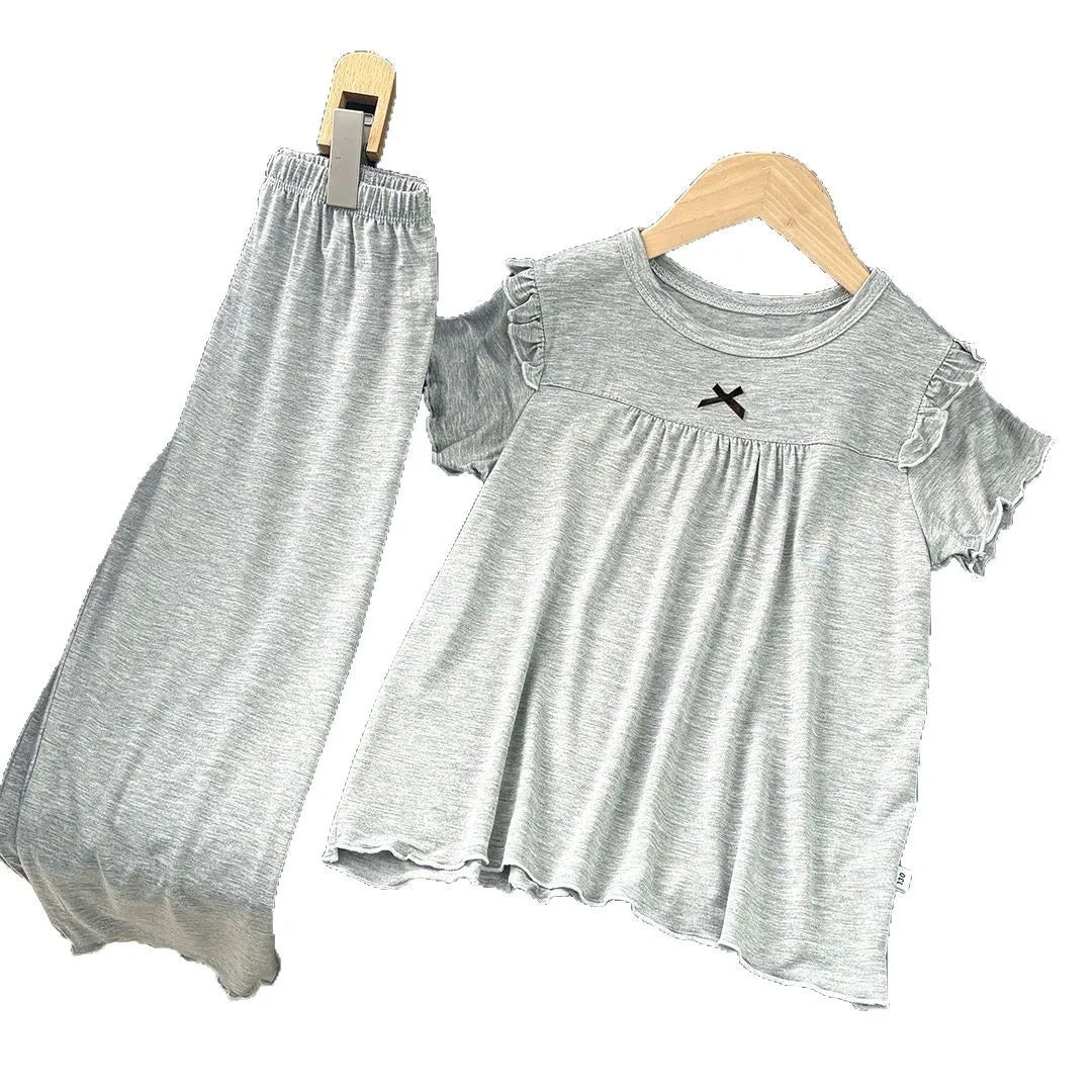 Girls' Short Sleeved Pajamas Home Clothes Set Modal Spring and Summer Thin Edition Children's Air Conditioning Lace Princess