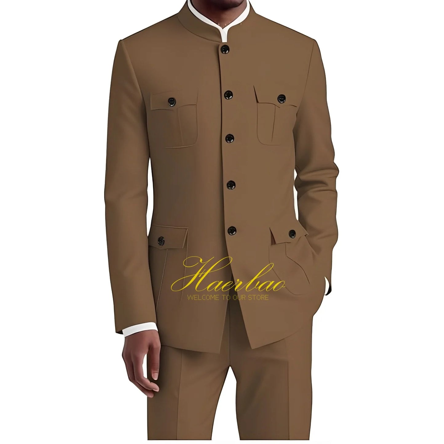 Men's Chinese Tunic Suit Formal 2 Piece Suits for Men Collar Jacket Slim Fit 4 Pocket Blazer Wedding Men Suits Tuxedo