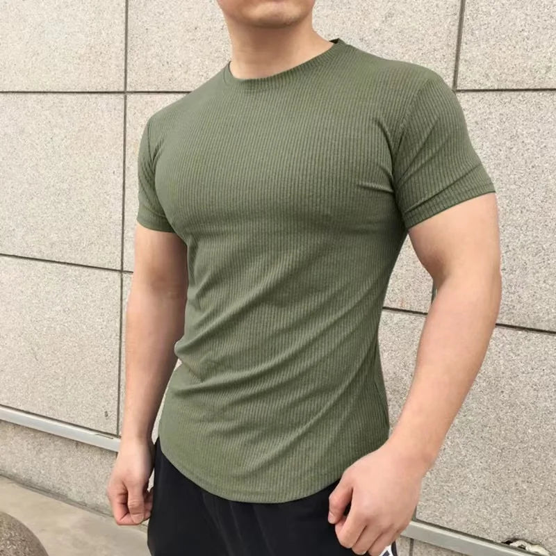 Men's Muscle Shirts Short Sleeve Casual Slim Fit Workout Tshirts Striped Curved Hem Light Weight Elastic