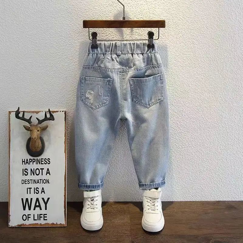 Boys Jeans for Children's Wear Spring and Autumn 2024 New Baby Fashion Korean Fit Long Pants for Children's Hole Jeans 2-9Y