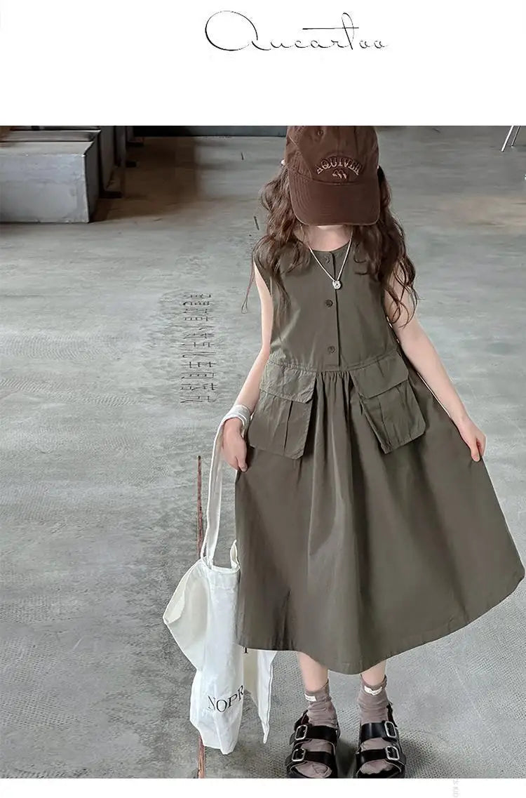 5-14Years Kids Summer Sleeveless Dresses for Girls Cotton Thank Long Dress Teens Children Casual Outfits Clothing 6 7 8 9 10 11