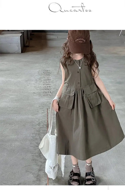 5-14Years Kids Summer Sleeveless Dresses for Girls Cotton Thank Long Dress Teens Children Casual Outfits Clothing 6 7 8 9 10 11
