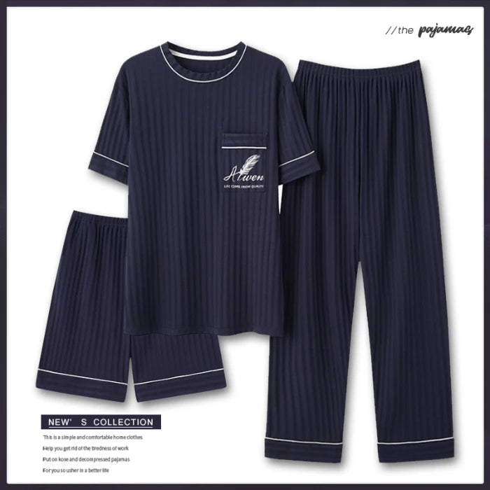 Men's Fashion Summer 3-Piece Pajamas Set Short Sleeve round Collar Cotton Homewear plus Size 5XL Shorts Loungewear Pijamas