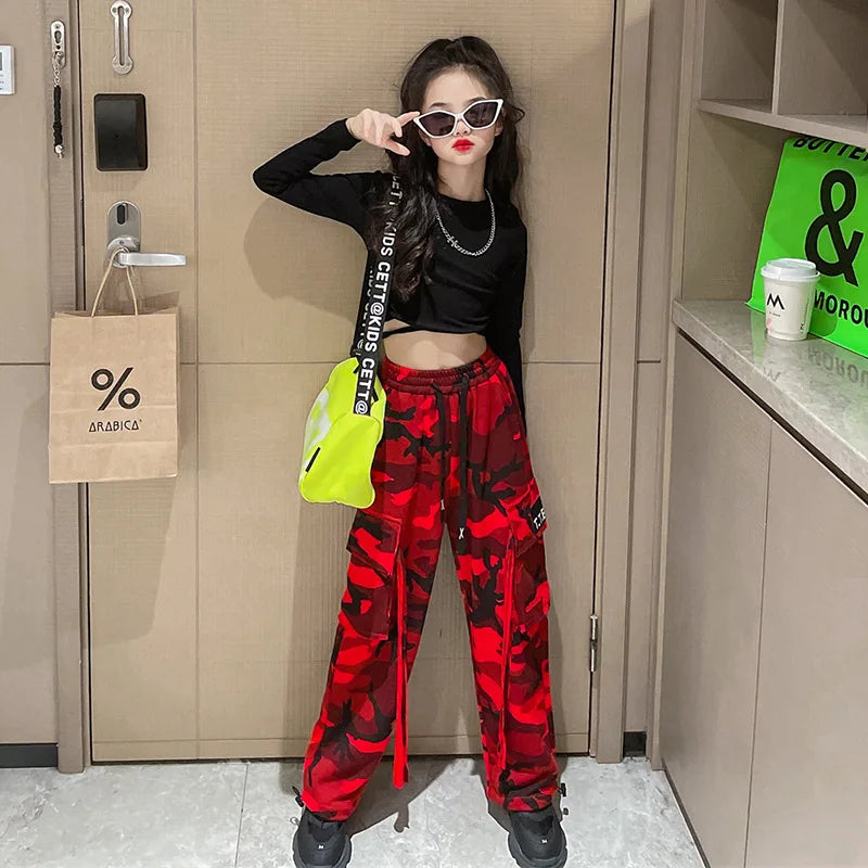 Girls Camouflage Pants Kids Fashion Casual High waisted wide leg pants 2026 Spring Fall ClothesTeen Girl Trousers 8 10 12 14Y