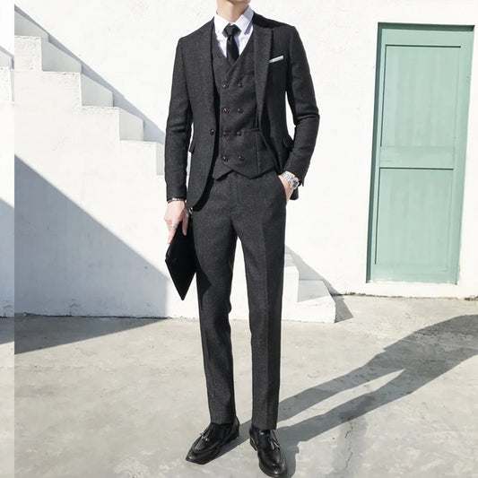 Men's Suit Business Suit Men's Wedding Groom Three-Piece Suit Wedding Retro British Style Formal Tweed