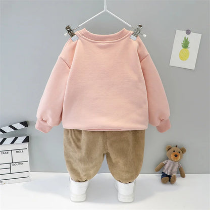 Baby boy clothes autumn winter plus velvet warm thickening suit boys and girls cartoon bear sweater + corduroy pants baby 2pcs