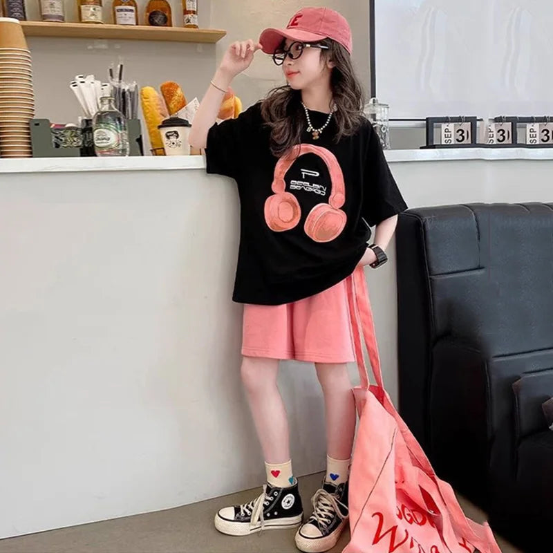 Girls' Shorts Set 2026 Summer New Kids' Suits Teenager Loose Short-Sleeve T-Shirt Outfits Children's Print Clothing Two-Piece