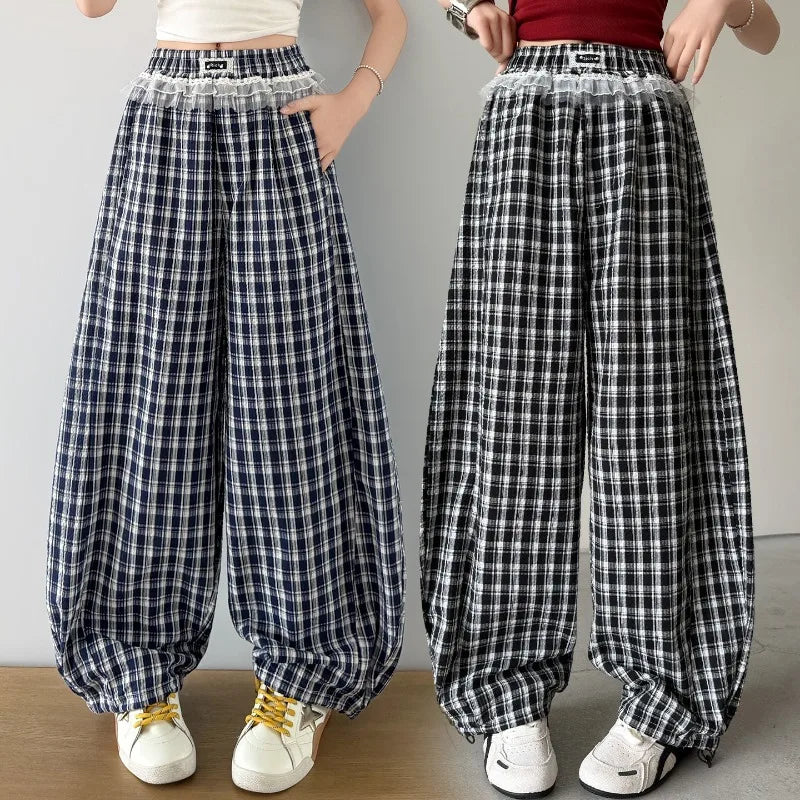 Girls Pants Spring Summer 2026 Minimalist Cute Casual Plaid Wide Leg Pants Elastic Waist Lace Ruffle Trim Children's Clothing