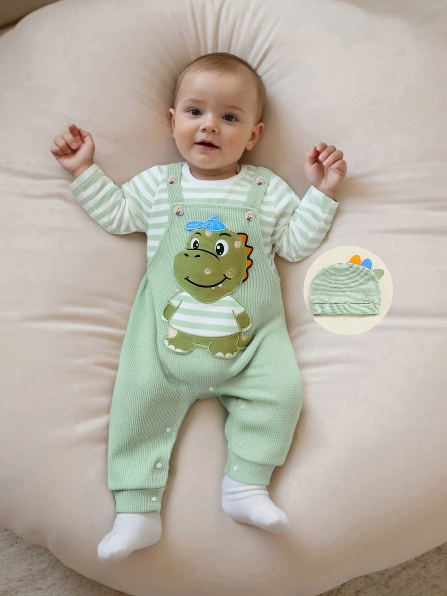 Infant Newborn Baby Boys 3Pcs Outfit Cute Baby Clothes Long Sleeve Striped Romper Animal Embroidery Overalls Hat