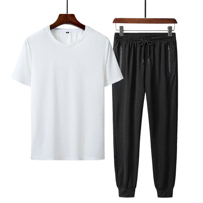 Summer Sports Suit Men's Trendy Short Sleeved Pants Two-piece Set Solid Color Casual Ice Silk Mesh Air-conditioned Pants for Men