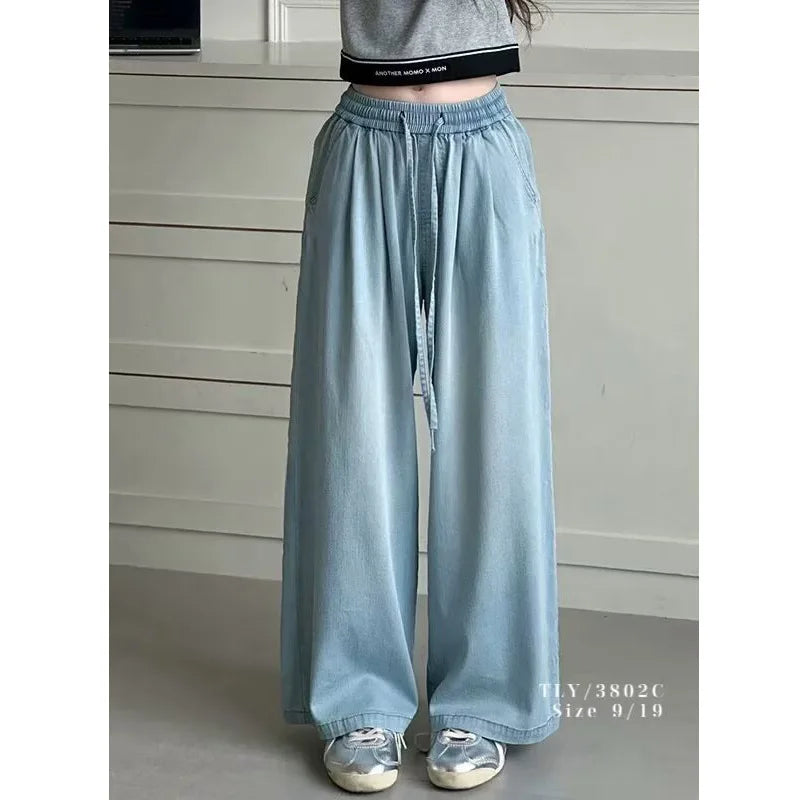 Girls Wide Leg Cotton Jeans Summer Thin Loose Pants Big Kids Comfortable Trendy Outfit